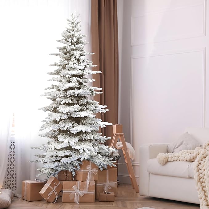 Fraser Hill Farm Pine Valley Flocked Christmas Tree, 6.5 Feet Tall | Holiday Tree with Metal Base Perfect Home Decor | Snowy Xmas Tree with No Attached Lights | FFPV065-0SN