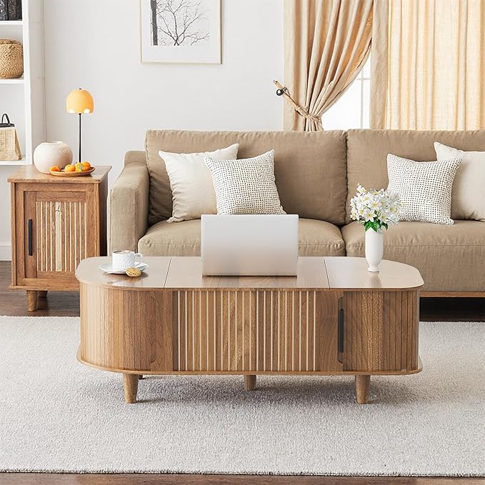 Oval Lift Top Coffee Table, Mid Century Modern Center Table with 3 Hidden Compartment, Coffee Tables with Storage Open Shelf and Sliding Cabinet Door for Home Living Room Office (Walnut)