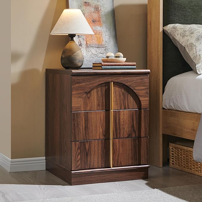 ACCOHOHO Modern Night Stand Set 2 with Arched Panel, 18" Nightstand with Charging Station, Side Table with 3 Storage Drawers, Wood Square Bedside End Table for Bedroom Living Room, Brown