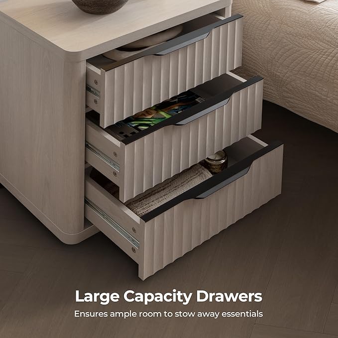 SICOTAS Night Stand Nightstand with 3 Drawers Storage Bedside Table Large Fluted Bed Side End Table Modern 25.6" Tall Wide Night Stands for Bedroom Living Room Sofa Couch Home Office, White Alder