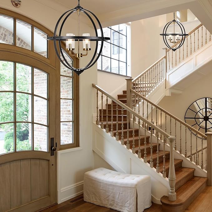 Treekee 4-Light Black Orb Chandelier, 20" Black and Gold Globe Pendant Light, Adjustable Hanging Ceiling Light Fixtures, Industrial Ceiling Chandelier Light for Kitchen, Dining Room, Foyer
