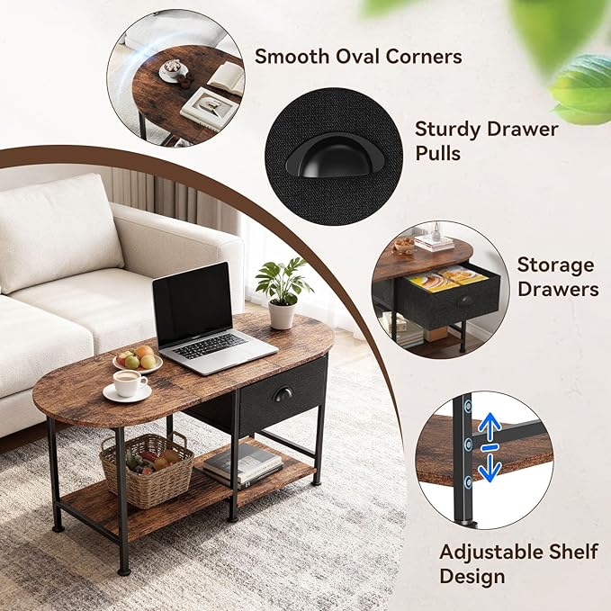 37" Oval Small Coffee Table with Storage,Modern Wood Living Room Center Table for Small Space,Apartment,Home Office,Drawer & Open Shelves,Easy Assembly,Rustic Brown