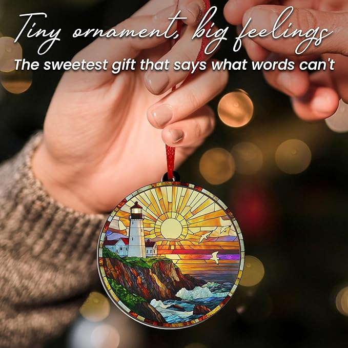 AVERXO Lighthouse Decor Christmas Decorations - Suncatcher Christmas Ornaments 2025 for Xmas Decorations - Lighthouse Gifts for Women Men, Boho Ocean Gifts for Women Men Mom Dad Ocean Lovers