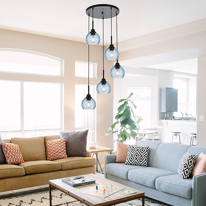 5 Light Cluster Pendant Lighting with Striped Swirl Globe Glass Blue Pendant Light for Kitchen Island, Modern Dining Room Light Fixtures Over Table Hanging Ceiling Light, E26 Base