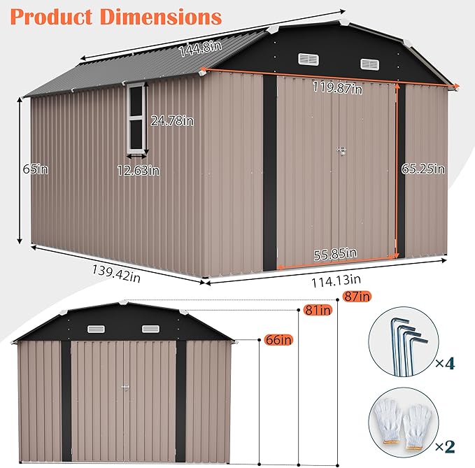 10x12 FT Metal Storage Shed with Floor Frame, Heavy-Duty Outdoor Storage Building with Diamond Roof, 4 Air Vents, Transparent Window & Lockable Double Doors, Snow-Resistant Backyard Garage Shed