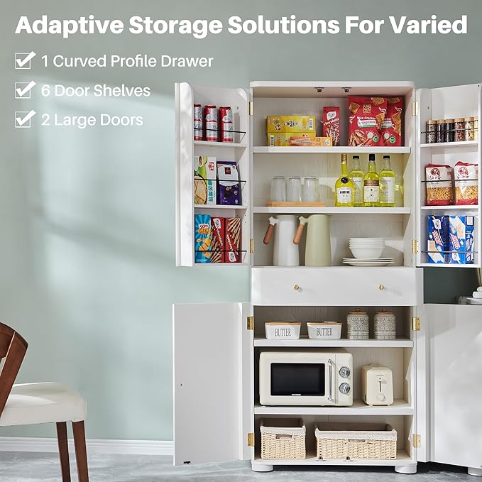 71" Tall Kitchen Pantry, Modern Curved Pantry Storage Cabinet with 4 Doors and 6 Adjustable Shelves, Cupboard for Kitchen, Dining Room, Living Room and Bathroom, White