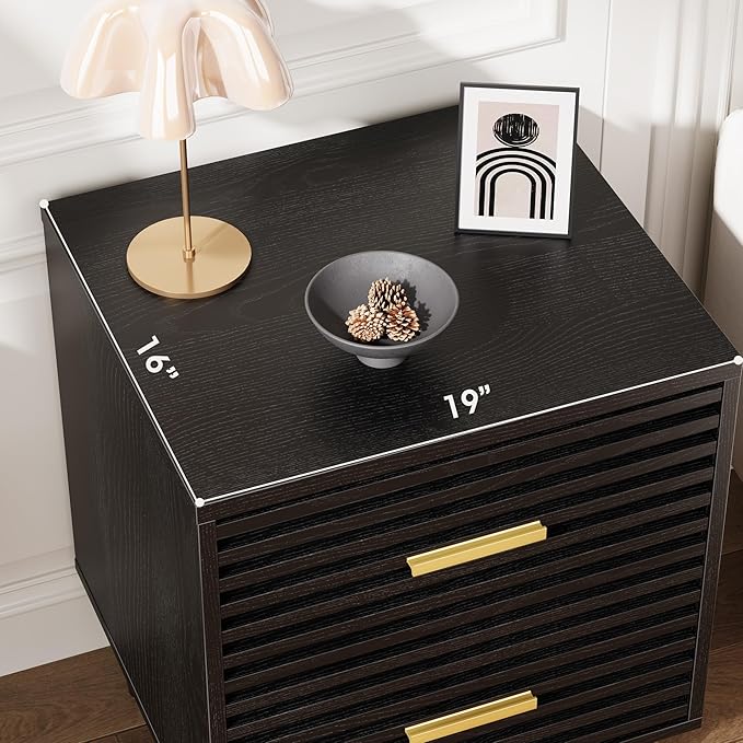Alohappy Fluted Nightstands Set of 2, Mid Century Bedside Table for Bedroom, End Table with 2 Drawers, Modern Bed Side Table with Storage Vintage Wood Accent Table for Living Room, Black 2pcs