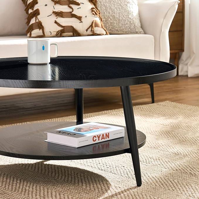 Saint Mossi Modern Coffee Table for Living Room, Mid-Century Round Wood Coffee Table, 2-Tier Center Table for Small Space, Black, W31xH15