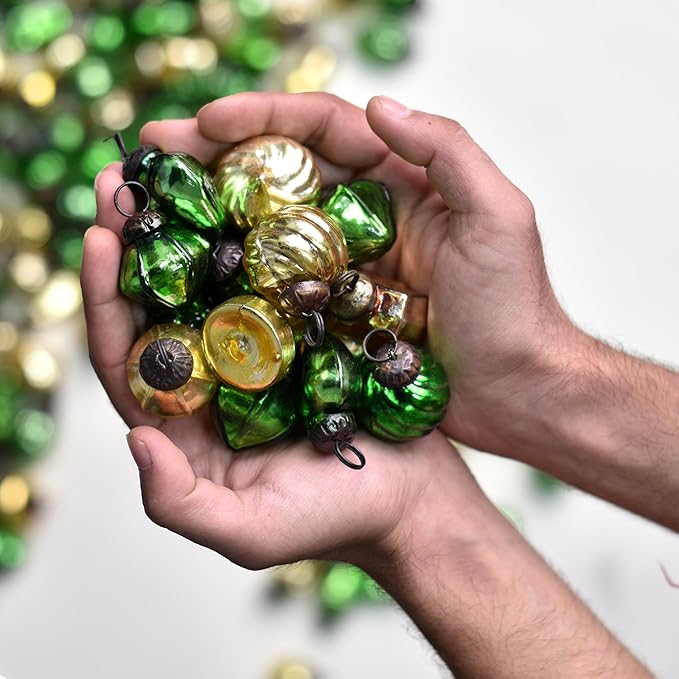 75 Pieces Glass Gold Green Christmas Ornaments Decorative Mercury Mini Vintage Bulk Hanging Ornaments for Halloween, Christmas Tree, New Year, Valentine Day, Holidays, Event and Wedding Party Decor