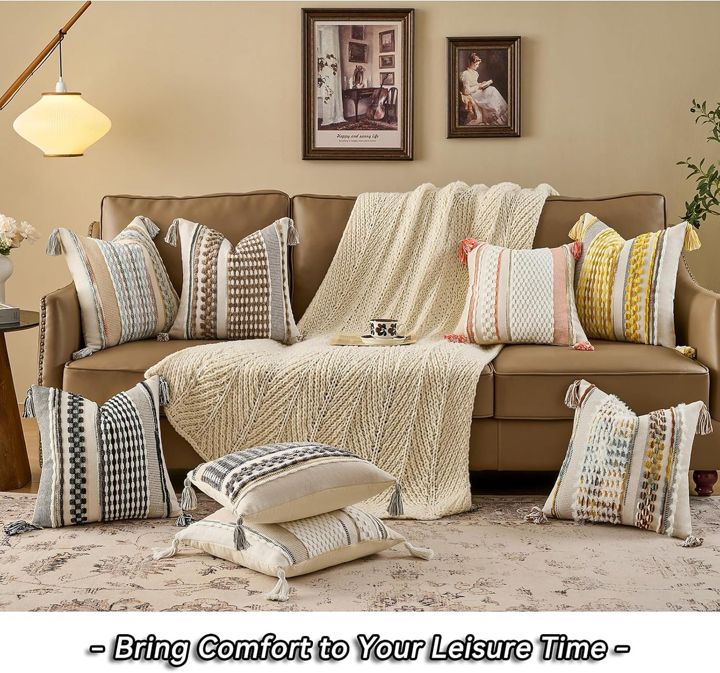 AmHoo Chenille Striped Textured Boho Throw Pillow Covers Aesthetic with Tassels Woven Decorative Pillow Case for Couch Bed Sofa Bedroom Modern Funky 18 x 18-Inch White