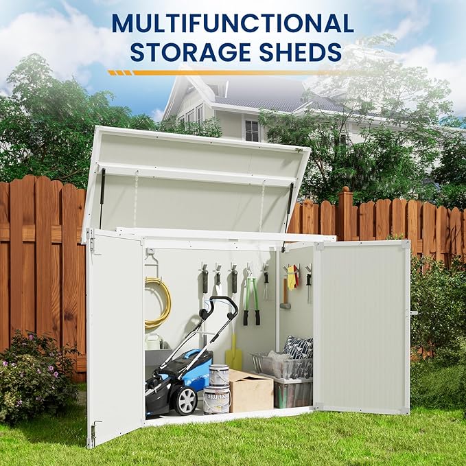 Amopatio 41 Cu Ft Horizontal Outdoor Storage Shed, Resin Trash Can Storage Weather Resistance, Garbage Can Shed for Garden Tools, Lawn Mowers, Garbage Cans, Patio Use, Grey