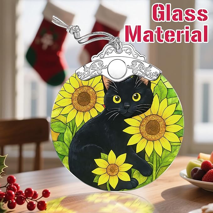 Christmas Ornaments: Stained Glass Ornament, Christmas Tree Ornament, Hanging Ornaments for Home Decor & Xmas Tree Decorations – Exquisite Holiday Decor, Gifts & Holiday Present - Black Cat