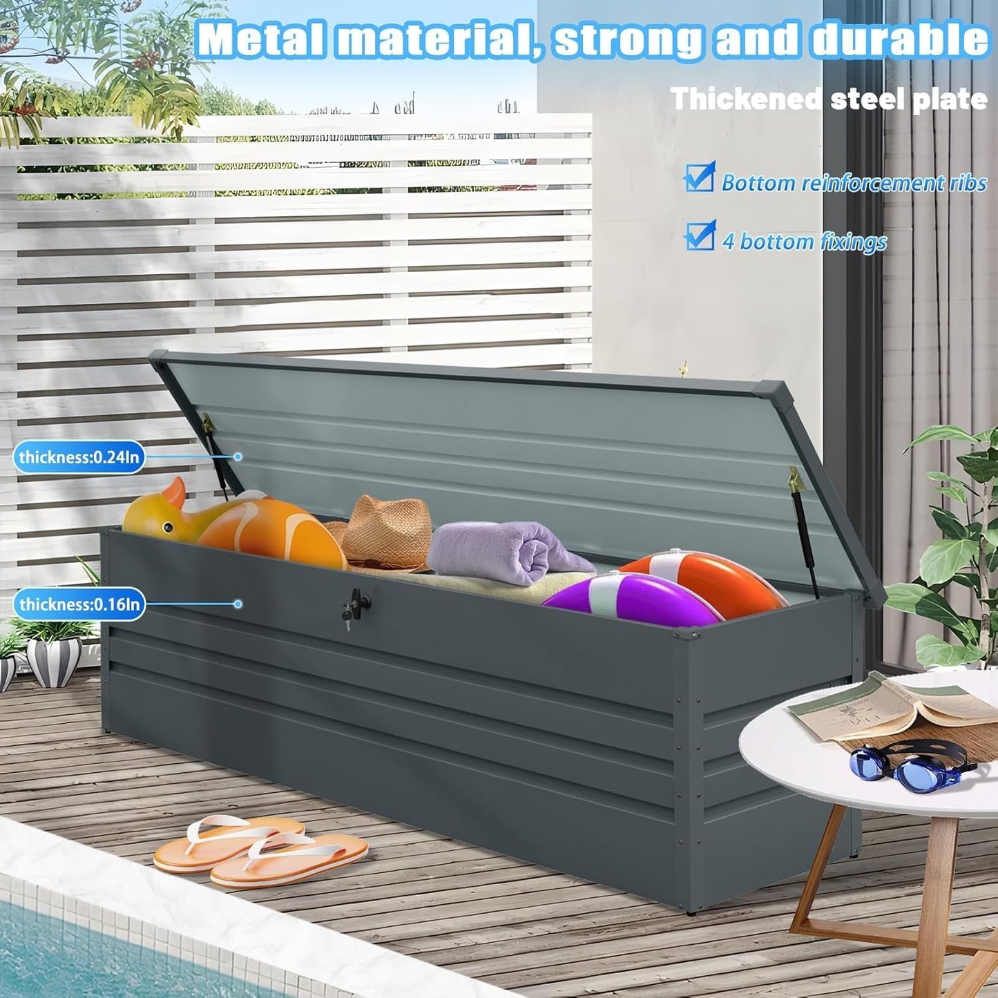 260 Gallon Metal Outdoor Storage Box Waterproof, Extra Large Deck Box and Patio Cushion Box for Storing Gardening Tools, Pool Supplies