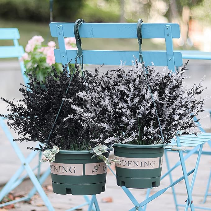 RECUTMS Black Artificial Flowers, Fake Outdoor UV Resistant Plants Faux Plastic Greenery Shrubs Indoor Outside Hanging Planter Home Kitchen Office Wedding, Garden Decor(Black)