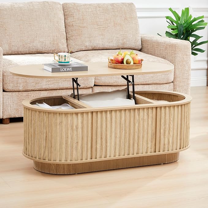 Oval Lift Top Coffee Table with Storage, 43.3”Mid Century Modern Center Table with Hidden Compartment, Fluted Wooden Lift Tabletop Dining Table for Living Room Apartment Home Office,Natural