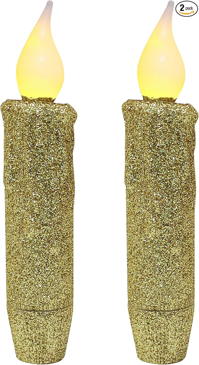 CVHOMEDECO. Glitter Flameless Candles Flickering Battery Operated LED Taper Candles with Timer for Home, Wedding, Halloween, Christmas Decor. Gold, 4-3/4 Inch, Set of 2