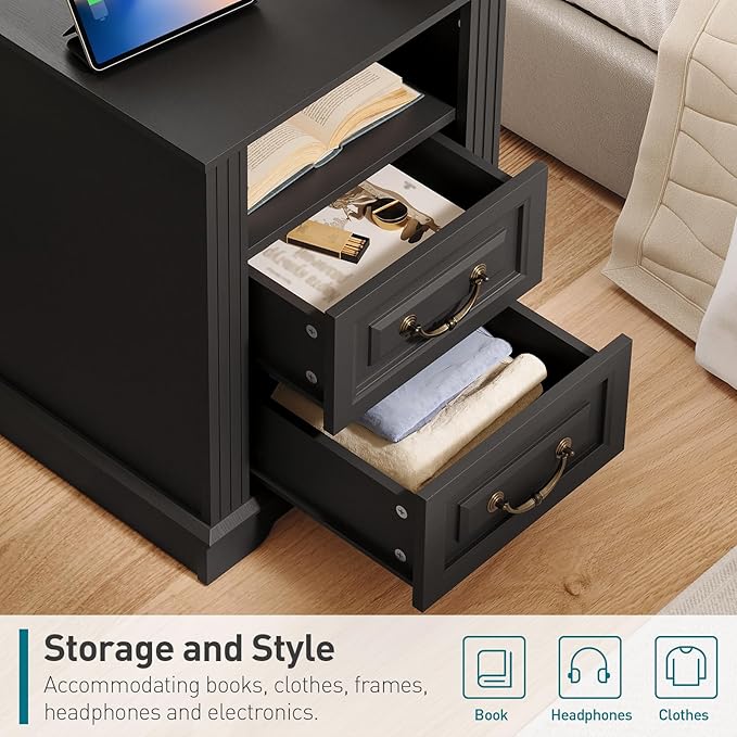 Farmhouse Nightstand Set of 2, Wooden Night Stand with Charging Station, LED Bedside Table with Drawers, Rustic Sofa Side Table, End Table for Bedroom, Living Room, Black