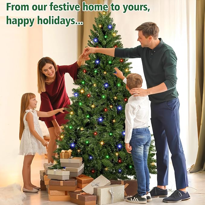6 FT Pre-Lit Artificial Christmas Tree with 250 Warm White & Multi Lights - 1000 Branch Tips Hinged Spruce for Indoor Outdoor Home Christmas Decorations