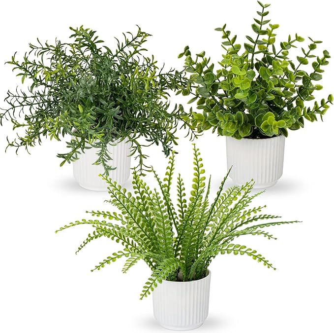 Hollyone 3 Pack Fake Plants Artificial Plants in Pots Small Faux Plant Eucalyptus Rosemary Boston Fern Potted Plant Greenery Aesthetic Indoor Home Decor Bathroom Bedroom Table Shelf Office Decorations