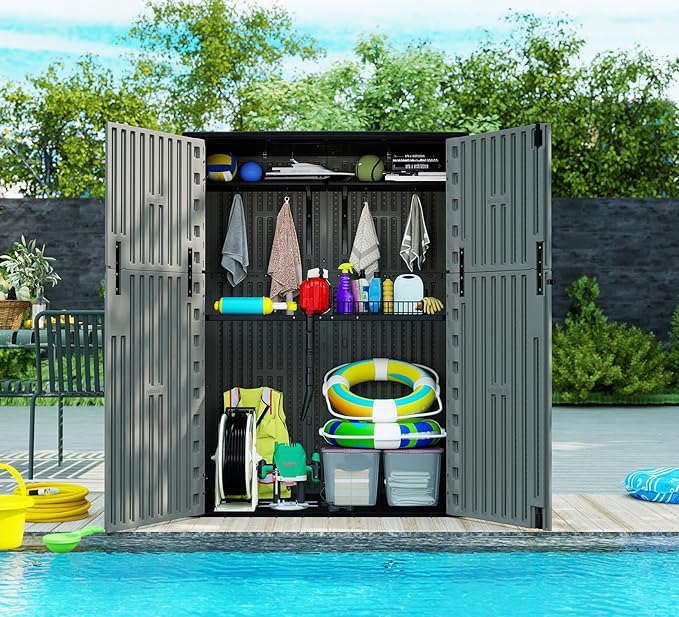 ZZM 57 Cu.ft Outdoor Storage Shed with Floor HDPE Double-Wall Resin Sheds Outdoor Storage, Lockable Weatherproof Storage Cabinet Fit for Garden Tools, Garage can, Bike, Patio Furniture, Coffee