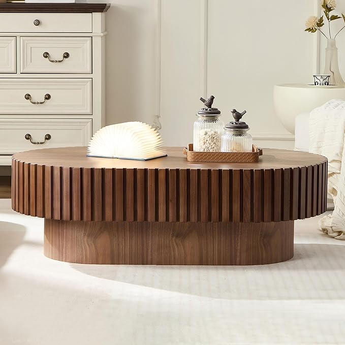 WILLIAMSPACE 43.7" Walnut Oval Coffee Table, Mid Century Modern Luxury Wood Drum Center Table for Living Room, Handcraft Accent Side Table for Apartment, 43.7"*24.8"*13.78"H (Walnut)
