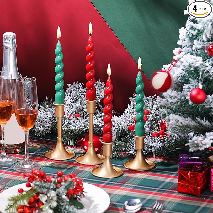 Zhengmy 4 Pcs Red Green Spiral Taper Candle 7 Inch Twisted Long Wax Dinner Candlestick for Fall Halloween Christmas Holiday Valentines Wedding Birthday Baby Shower Table Decor(Solid)