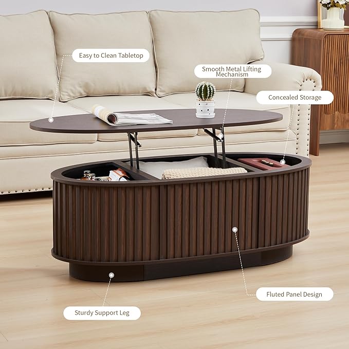 Oval Lift Top Coffee Table, 43.3'' Fluted Coffee Table with Hidden Storage Compartment, Mid Century Modern Dining Table Wooden Center Table for Living Room, Office, Small Spaces (Dark Brown)