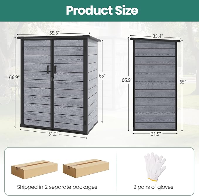 5×3 FT Vertical Outdoor Storage Cabinet, 56.8 Cu.Ft Resin Cabinet with Lockable Double Doors, Weather-Resistant for Garden and Patio (Woodgrain Gray)