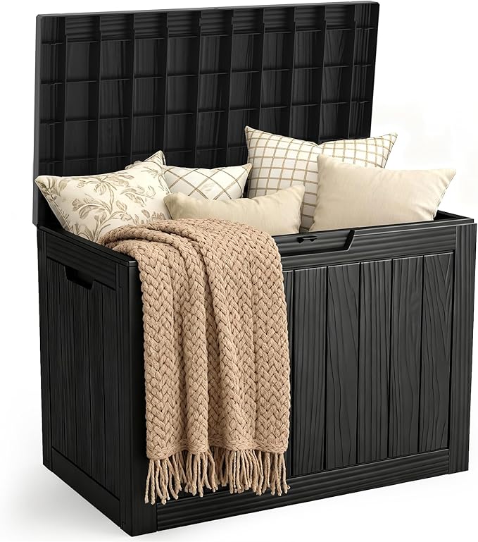 Outdoor Storage Deck Box, 45 Gallon Outside Storage Box Waterproof Deck Box, Lockable Patio Storage Box UV-Resistant for Garden Furniture, Black