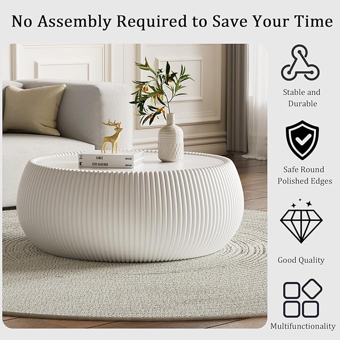 27.55" White Round Coffee Table, Drum Coffee Table with Sintered Stone Tabletop and Fluted PU Leather Covered and Stable Base, Circle Cocktail Tea Table for Living Room