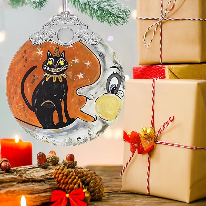 Christmas Decorations Ornaments, Stained Glass Ornament, Christmas Tree Ornaments, 2025 Gift Ornament, Xmas Gift for Friend Family Coworker - Moon and Cat