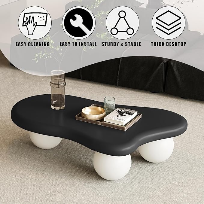 Modern Cloud Coffee Table with 3 Ball Legs, Cute Irregular Shaped Coffee Table, Low Center Table Tea Table for Small Space Living Room (40''L × 26.8''W × 11.7'H)