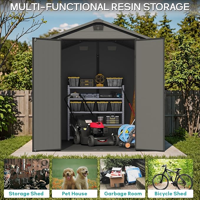 Greesum 6x10FT Plastic Storage Shed with Floor, Resin Outdoor Storaged Sheds with Lockable Double Door, Window and Vents, All-Weather Tool Sheds for Garden, Backyard, Patio, Dark Gray