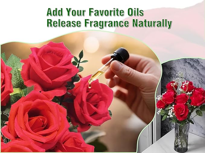 10 Stems Artificial Roses Bouquet with 4pcs Artificial Baby's Breath 6pcs Artificial Eucalyptus Leaves Stems, for Silk Floral Arrangement or Space Decoration (Red)