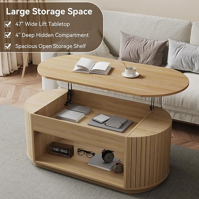 47-Inch Oval Lift Top Coffee Table with Storage Shelf for Living Room, Large Wooden Fluted Modern Center Table with 2 Tier Shelf, Modern Tea Tables with Hidden Compartment for Bedroom, Light Oak