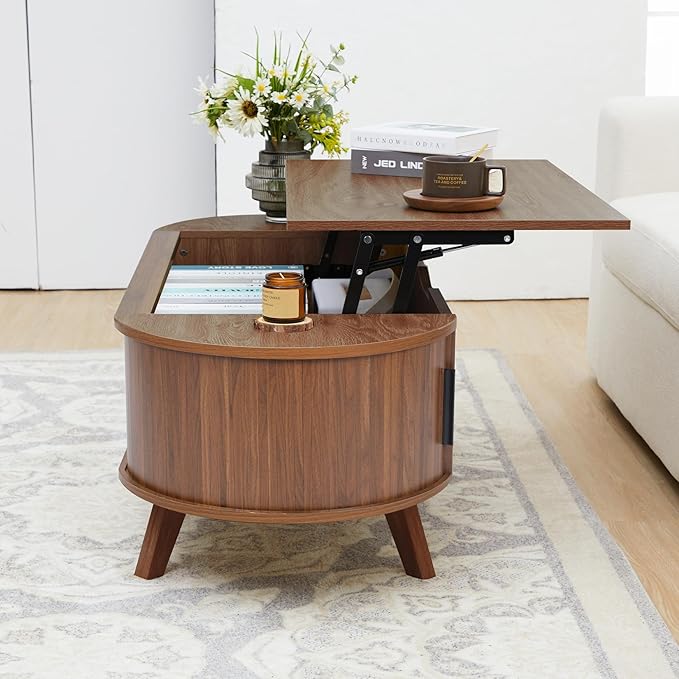 Small Lift Top Coffee Table with Sliding Tambour Door, 47.3" Mid Century Modern Curved Coffee Table with Storage, Oval Center Table with Lift Tabletop for Living Room (Doors, Walnut)