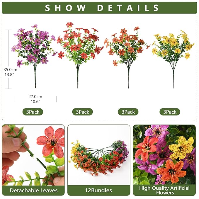Homsunny Artificial Flowers for Outdoors Spring Home Decoration, 12 Bundles Realistic Faux Flower Daisy with Eucalyptus Stem UV Resistant Fake Plants for Patio Planter Porch Yard Window (4 Colors)
