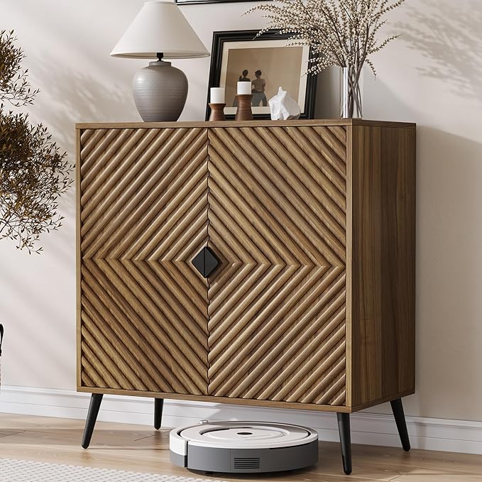 Sideboard Cabinet with Adjustable Shelf, Freestanding Walnut Small Buffet with Storage, Wooden Console Cabinet with Diamond Parquetry Doors for Living Room, Entryway, Console