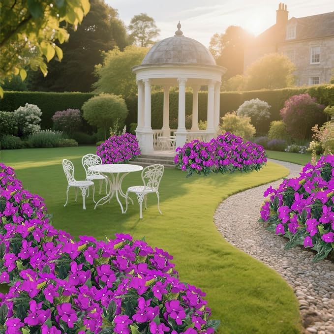 5PCS Artificial Impatiens Bouquet Flowers for Outdoors Silk Faux Flowers for Outdoor Fake Planters UV Resistant Spring Summer Indoor Decor Garden Porch Patio Window Kitchen Balcony, Purple