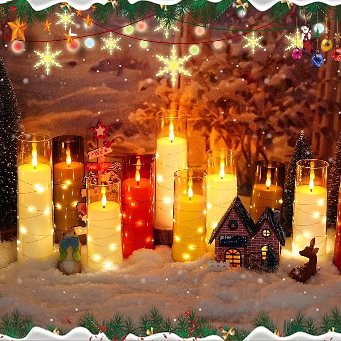 Flickering Flameless LED Candles,Battery Operated Candles 9 Pcs with Embedded Star String,Acrylic LED Pillar Candles with Remote,Suitable for Home Decoration to Create an Atmosphere (Ivory)