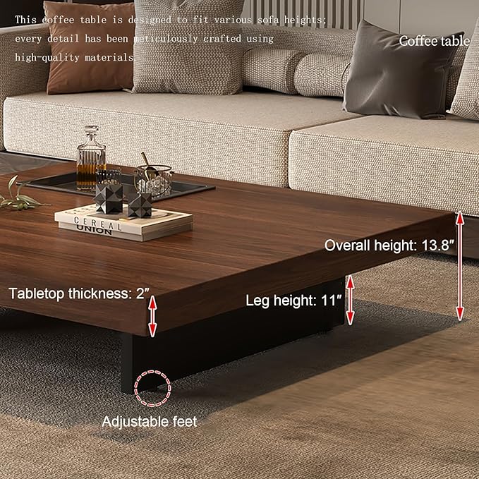Modern Square Coffee Table for Living Room, Low Profile Wood Center Table with 2" Thick Tabletop & Optional Storage Tray, Sturdy Minimalist Design (31.5"/39.4" Black/Walnut)