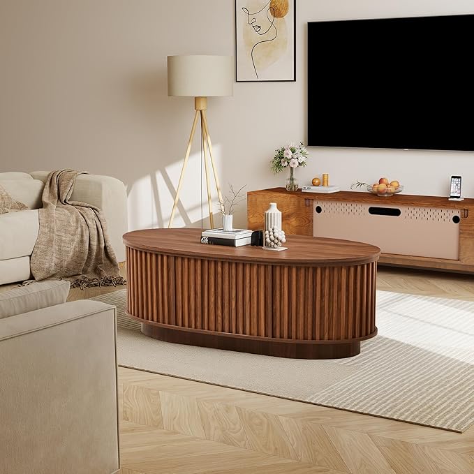 Oval Lift Top Coffee Table, 43.3'' Fluted Coffee Table with Hidden Storage Compartment, Mid Century Modern Dining Table Wooden Center Table for Living Room, Office, Small Spaces (Walnut)