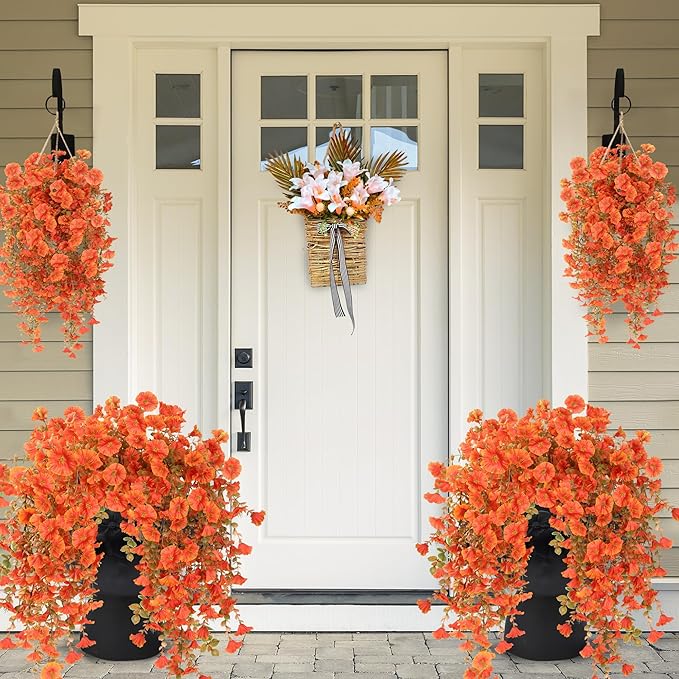 Artificial Fake Hanging Flowers Plants for Outdoor Outside Spring Summer Decoration 2PCS Faux Silk UV Resistant Realistic Morning Glory with Eucalyptus for Home Porch Patio Balcony(Fall Orange)