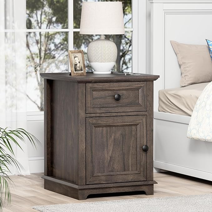 End Tables with Fast-Charge Sets, Side Tables with Drawers, Storage Side Tables Living Room, Adjustable Shelf, Bedroom Nightstands Set of 2, Rustic Brown