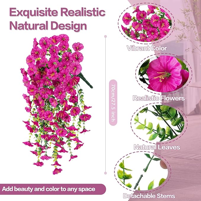 Rich and Eye-catching 5 PCS Artificial Hanging Flowers，Silk Morning Glory Faux Flowers with Eucalyptus Leaves,uv Resistant Fake Hanging Petunias Plants for Yard Decoration(Fuchsia)