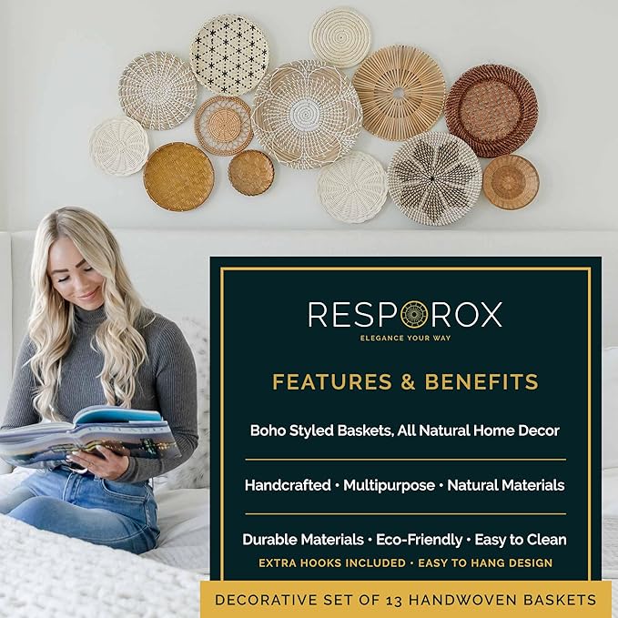 RESPOROX ELEGANCE YOUR WAY Set of 13 Hanging Woven Baskets for Wall Decor - Handcrafted Bamboo, Rattan & Seagrass Baskets come with Hanger Nails, Marking Pencil & Templates