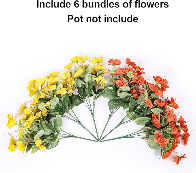 Hibiscus Artificial Flowers Plants for Outdoors Decoration, 6 Bundles Silk Tropical Flowers Artificial Realistic UV Resistant Fake Flower for Outside Planter Porch Patio Balcony (Yellow Orange)