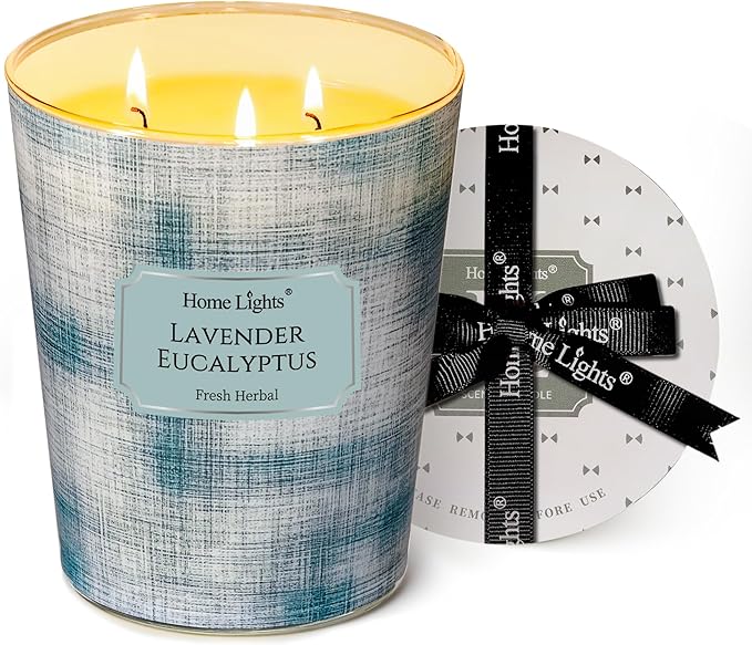 HomeLights 3-Wick Candles for Home Scented - 34oz Soy Wax Blend Candle Long-Lasting Fragrance, Scandinavian Minimalist Design Home Decor and Housewarming Gifts, Lavender Eucalyptus