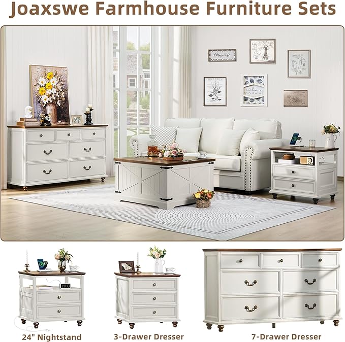Farmhouse 54" 7 Drawers Dresser for Bedroom, White Wood Chest of Drawers w/ 4 Wooden Legs, Vintage Closet Storage Dressers Organizer for Hallway, Rustic Large TV Stand for Living Room, Foyer