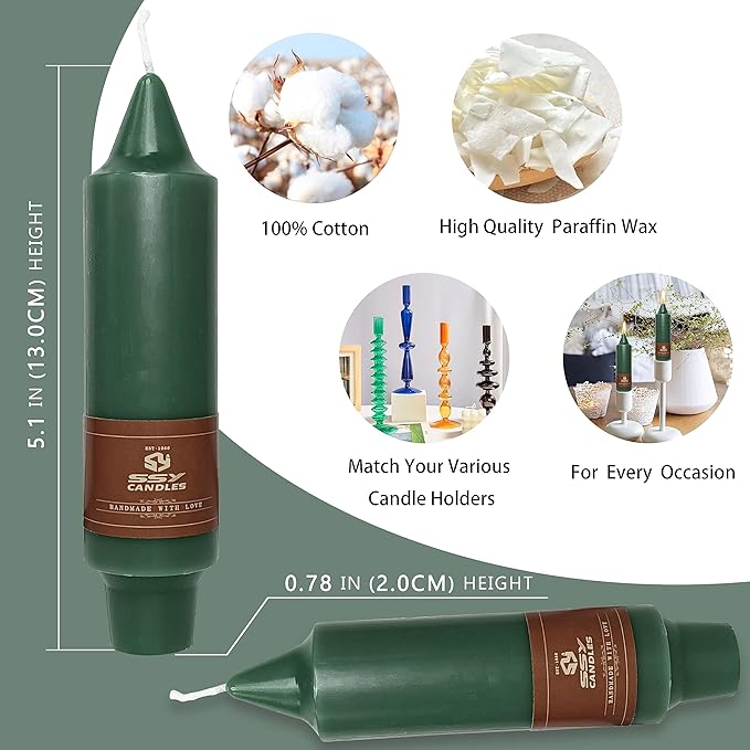 Short Taper Candles 5 Inch Twisted Candlesticks Unscented Handmade Set of 4 Smokeless Long Burning Candle Sticks for Wedding Home Meditation(Dark Green)